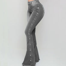 Load image into Gallery viewer, Plus Size Blue Washed Flare Denim Mom Jeans for Women Winter Spring Clothes Skinny Side Stripe High Waisted Sequined Pant Y2K
