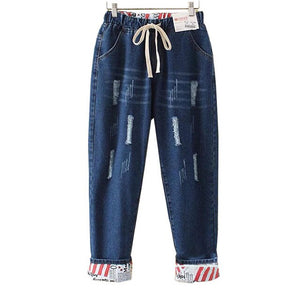 Plus Size Elastic Waist Hemming Boyfriend Loose Ripped Denim Harem Jeans 4Xl 5Xl Light Blue  Girl'S Casual Pants For Women