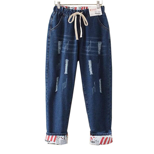 Plus Size Elastic Waist Hemming Boyfriend Loose Ripped Denim Harem Jeans 4Xl 5Xl Light Blue  Girl'S Casual Pants For Women