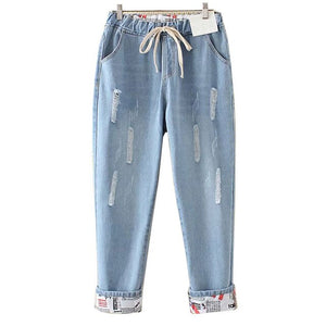 Plus Size Elastic Waist Hemming Boyfriend Loose Ripped Denim Harem Jeans 4Xl 5Xl Light Blue  Girl'S Casual Pants For Women