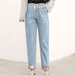 Plus Size Elastic Waist Hemming Boyfriend Loose Ripped Denim Harem Jeans 4Xl 5Xl Light Blue  Girl'S Casual Pants For Women