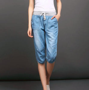 Plus Size Black Denim Jeans Women's Summer Harem Pants Light Washed Loose Cotton Casual Calf-Length Blue Trousers Women 3XL 4XL