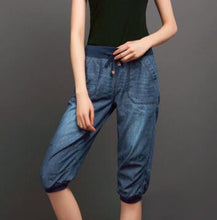 Load image into Gallery viewer, Plus Size Black Denim Jeans Women&#39;s Summer Harem Pants Light Washed Loose Cotton Casual Calf-Length Blue Trousers Women 3XL 4XL
