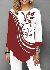 Spring Summer 3/4 Sleeve Print T-Shirts Irregular Women Clothing Fashion Casual Plus Size Loose Pullovers Tee Shirt Femme