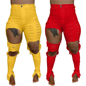 S-4XL Yellow Red Casual Skinny Ripped Jeans for Women Autumn High Waisted Plus Size Denim Pant Streetwear Elastic Hollow Trouser