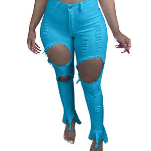 S-4XL Yellow Red Casual Skinny Ripped Jeans for Women Autumn High Waisted Plus Size Denim Pant Streetwear Elastic Hollow Trouser