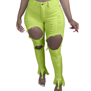 S-4XL Yellow Red Casual Skinny Ripped Jeans for Women Autumn High Waisted Plus Size Denim Pant Streetwear Elastic Hollow Trouser