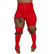 Load image into Gallery viewer, S-4XL Yellow Red Casual Skinny Ripped Jeans for Women Autumn High Waisted Plus Size Denim Pant Streetwear Elastic Hollow Trouser
