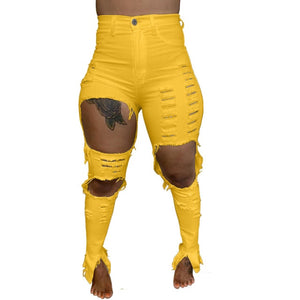 S-4XL Yellow Red Casual Skinny Ripped Jeans for Women Autumn High Waisted Plus Size Denim Pant Streetwear Elastic Hollow Trouser