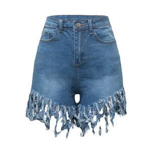 Plus Size S-3XL Tassel Casual Denim Shorts Women Elastic High Waist Short Jeans Summer Streetwear Fashion Trousers
