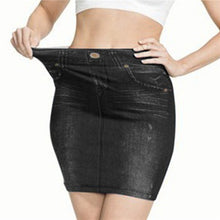 Load image into Gallery viewer, Plus Size Women  Faux Denim Skirt Fashion Print Seamless Jean Skirts Short Slim High Waist Elastic Polckets Female Mini Dress
