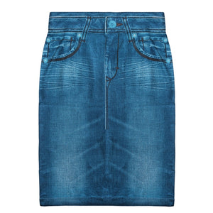 Plus Size Women  Faux Denim Skirt Fashion Print Seamless Jean Skirts Short Slim High Waist Elastic Polckets Female Mini Dress