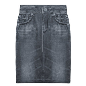 Plus Size Women  Faux Denim Skirt Fashion Print Seamless Jean Skirts Short Slim High Waist Elastic Polckets Female Mini Dress