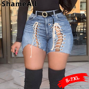 Plus Size Sexy White Blue Hollow Out Denim Shorts 4XL Summer Women High Waist Ripped Tassel Short Jeans Lace Up Bandage Hotpants