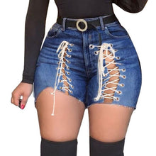 Load image into Gallery viewer, Plus Size Sexy White Blue Hollow Out Denim Shorts 4XL Summer Women High Waist Ripped Tassel Short Jeans Lace Up Bandage Hotpants

