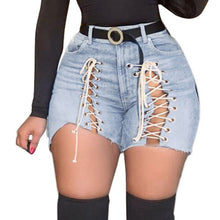 Load image into Gallery viewer, Plus Size Sexy White Blue Hollow Out Denim Shorts 4XL Summer Women High Waist Ripped Tassel Short Jeans Lace Up Bandage Hotpants

