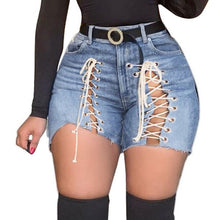 Load image into Gallery viewer, Plus Size Sexy White Blue Hollow Out Denim Shorts 4XL Summer Women High Waist Ripped Tassel Short Jeans Lace Up Bandage Hotpants
