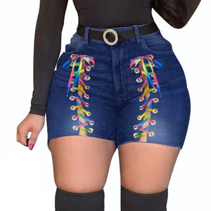 Plus Size Sexy White Blue Hollow Out Denim Shorts 4XL Summer Women High Waist Ripped Tassel Short Jeans Lace Up Bandage Hotpants