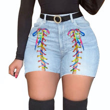 Load image into Gallery viewer, Plus Size Sexy White Blue Hollow Out Denim Shorts 4XL Summer Women High Waist Ripped Tassel Short Jeans Lace Up Bandage Hotpants
