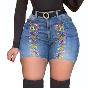 Plus Size Sexy White Blue Hollow Out Denim Shorts 4XL Summer Women High Waist Ripped Tassel Short Jeans Lace Up Bandage Hotpants