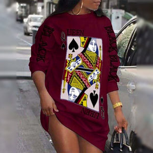 2021 Ladies Loungewear Round Neck Poker Letter Print Long Sleeve Plus Size Women Clothing Street Style Winter Casual Dresses