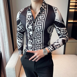 Plus Size M-6XL High Quality Printed Shirts Brand Clothing Men Designer Social Tuxedo Slim Long Sleeve Baroque Slim Party Shirt