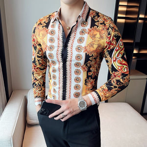 Plus Size M-6XL High Quality Printed Shirts Brand Clothing Men Designer Social Tuxedo Slim Long Sleeve Baroque Slim Party Shirt