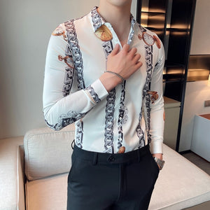 Plus Size M-6XL High Quality Printed Shirts Brand Clothing Men Designer Social Tuxedo Slim Long Sleeve Baroque Slim Party Shirt