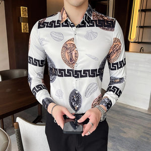 Plus Size M-6XL High Quality Printed Shirts Brand Clothing Men Designer Social Tuxedo Slim Long Sleeve Baroque Slim Party Shirt