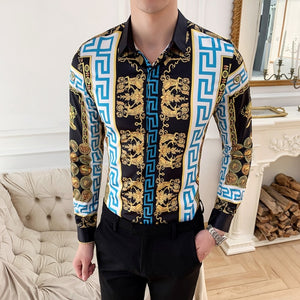 Plus Size M-6XL High Quality Printed Shirts Brand Clothing Men Designer Social Tuxedo Slim Long Sleeve Baroque Slim Party Shirt