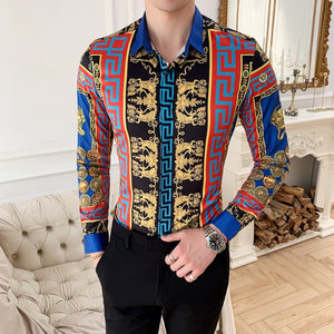 Plus Size M-6XL High Quality Printed Shirts Brand Clothing Men Designer Social Tuxedo Slim Long Sleeve Baroque Slim Party Shirt