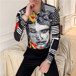 Plus Size M-6XL High Quality Printed Shirts Brand Clothing Men Designer Social Tuxedo Slim Long Sleeve Baroque Slim Party Shirt