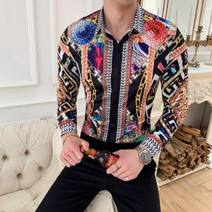 Plus Size M-6XL High Quality Printed Shirts Brand Clothing Men Designer Social Tuxedo Slim Long Sleeve Baroque Slim Party Shirt