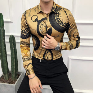 Plus Size M-6XL High Quality Printed Shirts Brand Clothing Men Designer Social Tuxedo Slim Long Sleeve Baroque Slim Party Shirt
