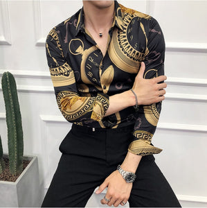 Plus Size M-6XL High Quality Printed Shirts Brand Clothing Men Designer Social Tuxedo Slim Long Sleeve Baroque Slim Party Shirt