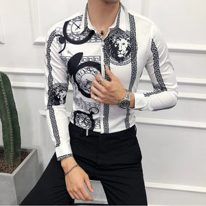 Plus Size M-6XL High Quality Printed Shirts Brand Clothing Men Designer Social Tuxedo Slim Long Sleeve Baroque Slim Party Shirt