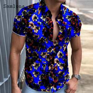 Samlona Plus Size 3xl Men Short Sleeve Top Sexy Mens clothing 2021 Summer Casual Single-breasted Model Flower Print Shirt Blouse
