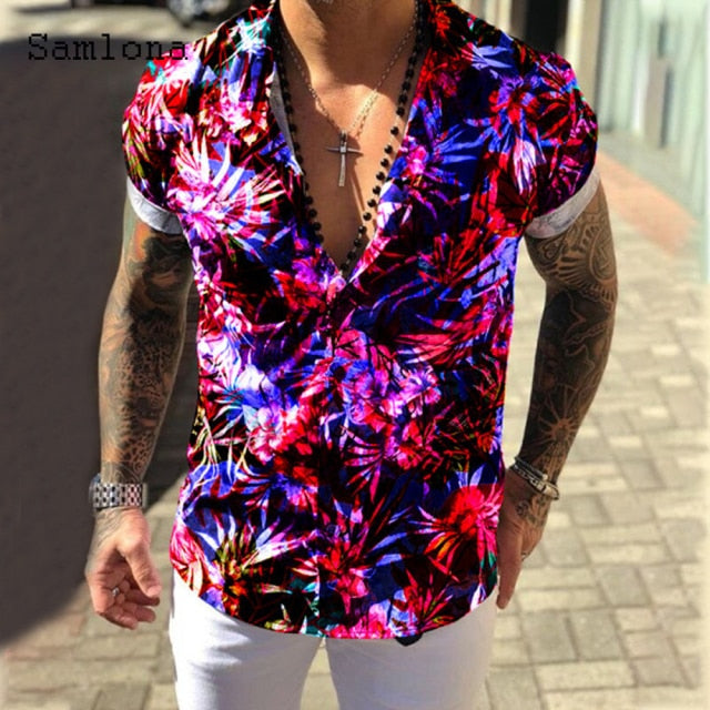 Samlona Plus Size 3xl Men Short Sleeve Top Sexy Mens clothing 2021 Summer Casual Single-breasted Model Flower Print Shirt Blouse