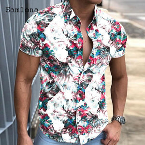 Samlona Plus Size 3xl Men Short Sleeve Top Sexy Mens clothing 2021 Summer Casual Single-breasted Model Flower Print Shirt Blouse