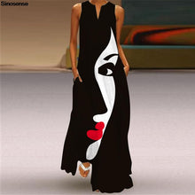 Load image into Gallery viewer, Women Human Face Printed Black Dress Sexy Sleeveless V Neck A Line Loose Chiffon Summer Dress Elegant Evening Party Beach Dress
