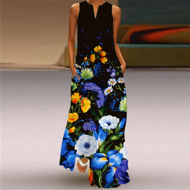 Women Human Face Printed Black Dress Sexy Sleeveless V Neck A Line Loose Chiffon Summer Dress Elegant Evening Party Beach Dress