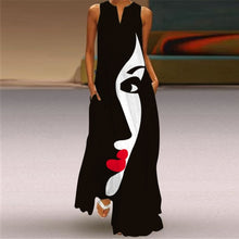 Load image into Gallery viewer, Women Human Face Printed Black Dress Sexy Sleeveless V Neck A Line Loose Chiffon Summer Dress Elegant Evening Party Beach Dress
