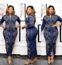 Load image into Gallery viewer, Denim African Dresses for Women 2022 Dashiki Diamond Plus Size African Clothes Long Sleeve Evening Party Dress Abaya Boubou Robe
