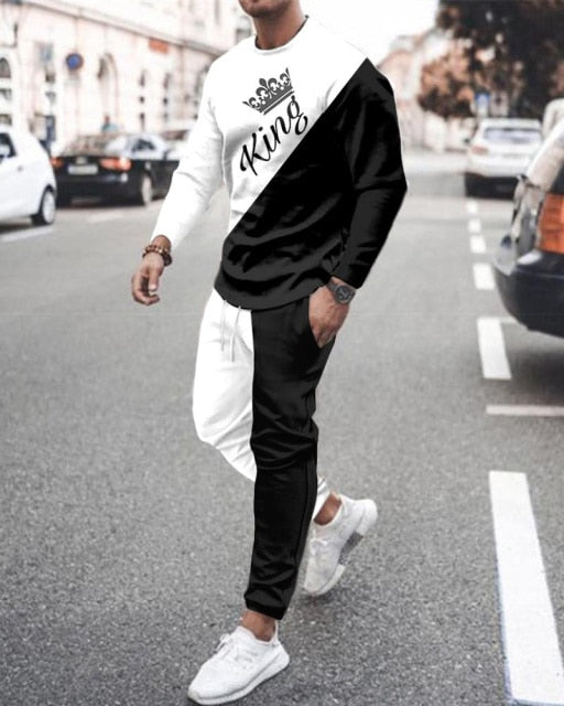 Summer Men's Trend Clothing 3d Printing Kk Casual Men's Long-sleeved T-shirt Set Round Neck Plus Size Street Sports Pants Men's