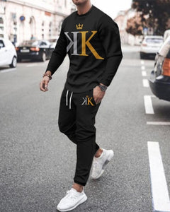 Summer Men&#39;s Trend Clothing 3d Printing Kk Casual Men&#39;s Long-sleeved T-shirt Set Round Neck Plus Size Street Sports Pants Men&#39;s