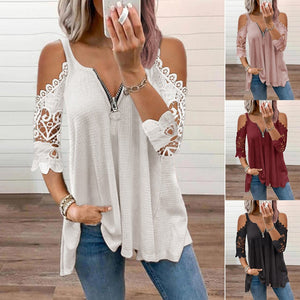 2021 Summer Women&#39;s Clothing Sexy Off Shoulder Lace Patchwork V Neck Casual Elegant Tunic T-shirt Fashion Ladies Tops Plus Size