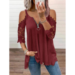 2021 Summer Women&#39;s Clothing Sexy Off Shoulder Lace Patchwork V Neck Casual Elegant Tunic T-shirt Fashion Ladies Tops Plus Size