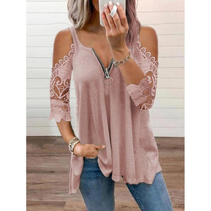 2021 Summer Women&#39;s Clothing Sexy Off Shoulder Lace Patchwork V Neck Casual Elegant Tunic T-shirt Fashion Ladies Tops Plus Size