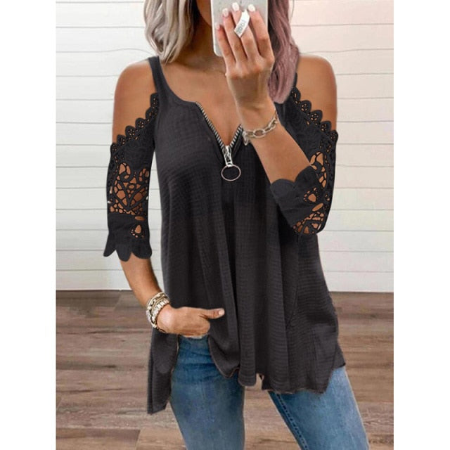 2021 Summer Women's Clothing Sexy Off Shoulder Lace Patchwork V Neck Casual Elegant Tunic T-shirt Fashion Ladies Tops Plus Size