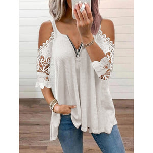 2021 Summer Women&#39;s Clothing Sexy Off Shoulder Lace Patchwork V Neck Casual Elegant Tunic T-shirt Fashion Ladies Tops Plus Size